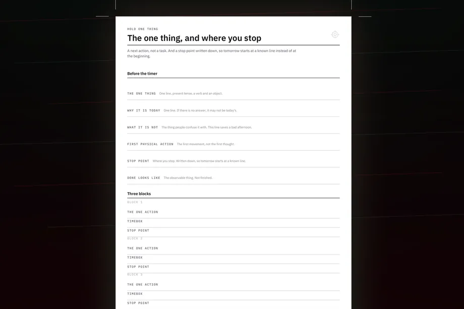 The next action page and its three timed blocks