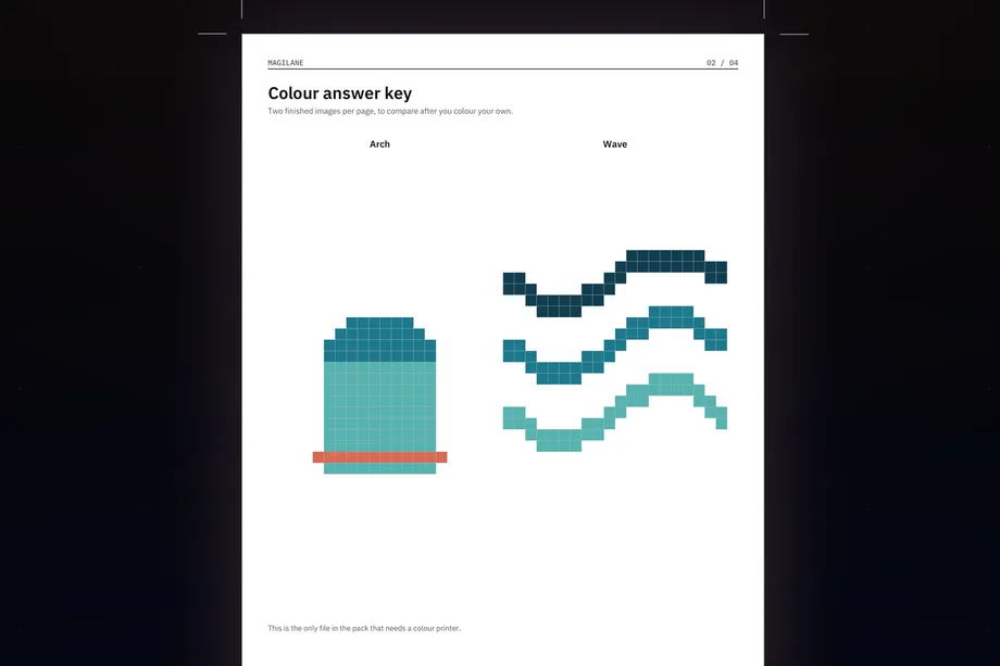 The colour answer key, two finished images to a page