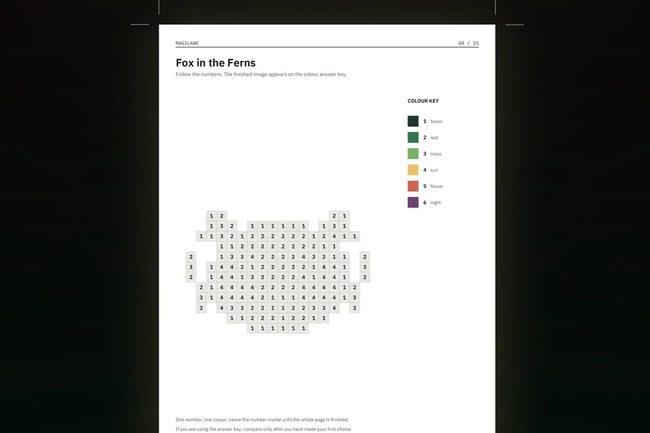 A numbered puzzle page with its colour key