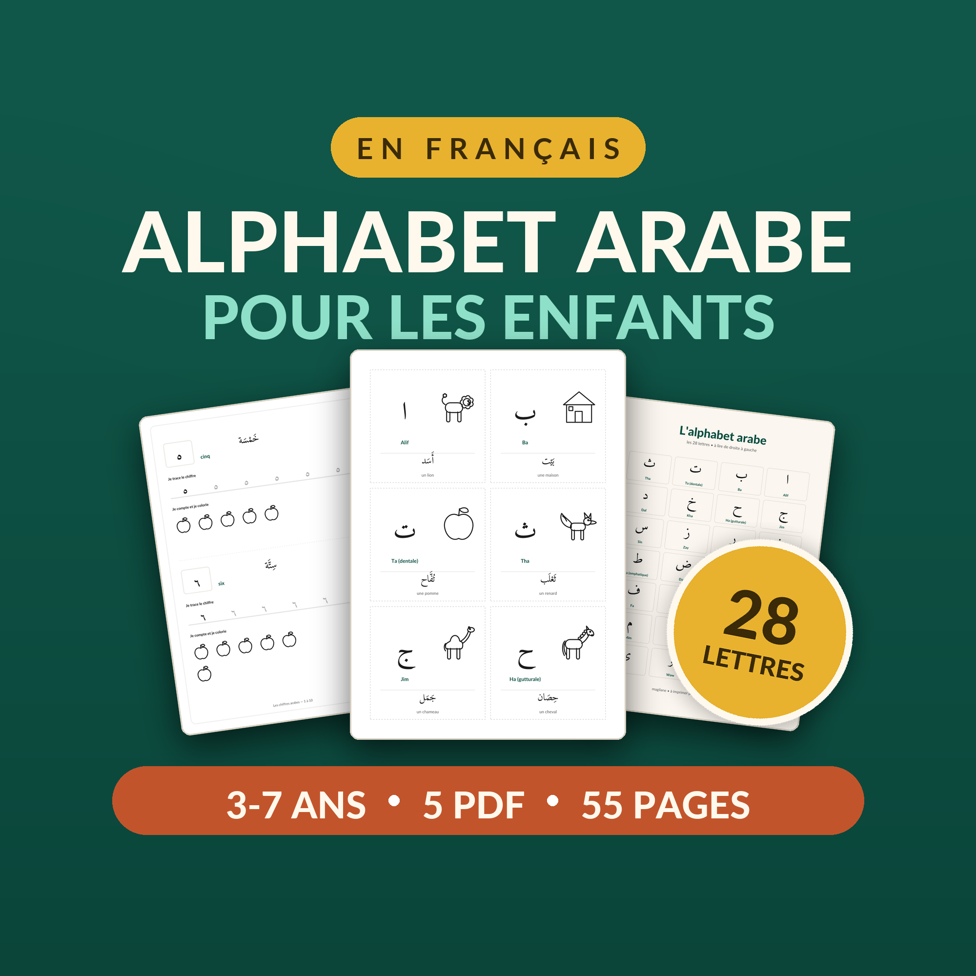 The Arabic alphabet workbook, open on a letter page, on a deep teal ground