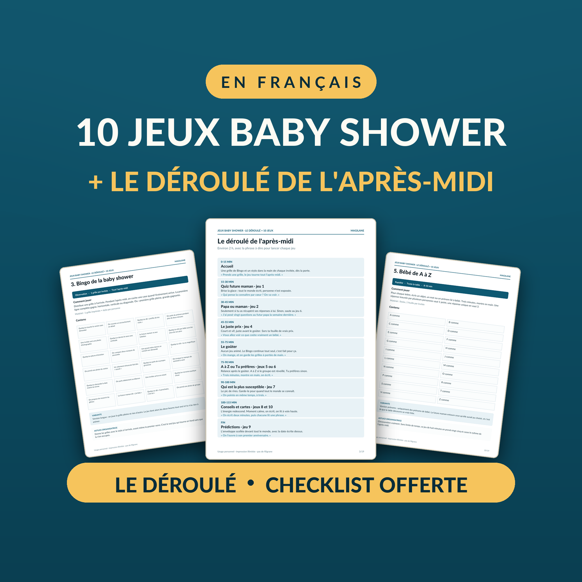 Le pack de jeux baby shower disposé sur un fond bleu pétrole
