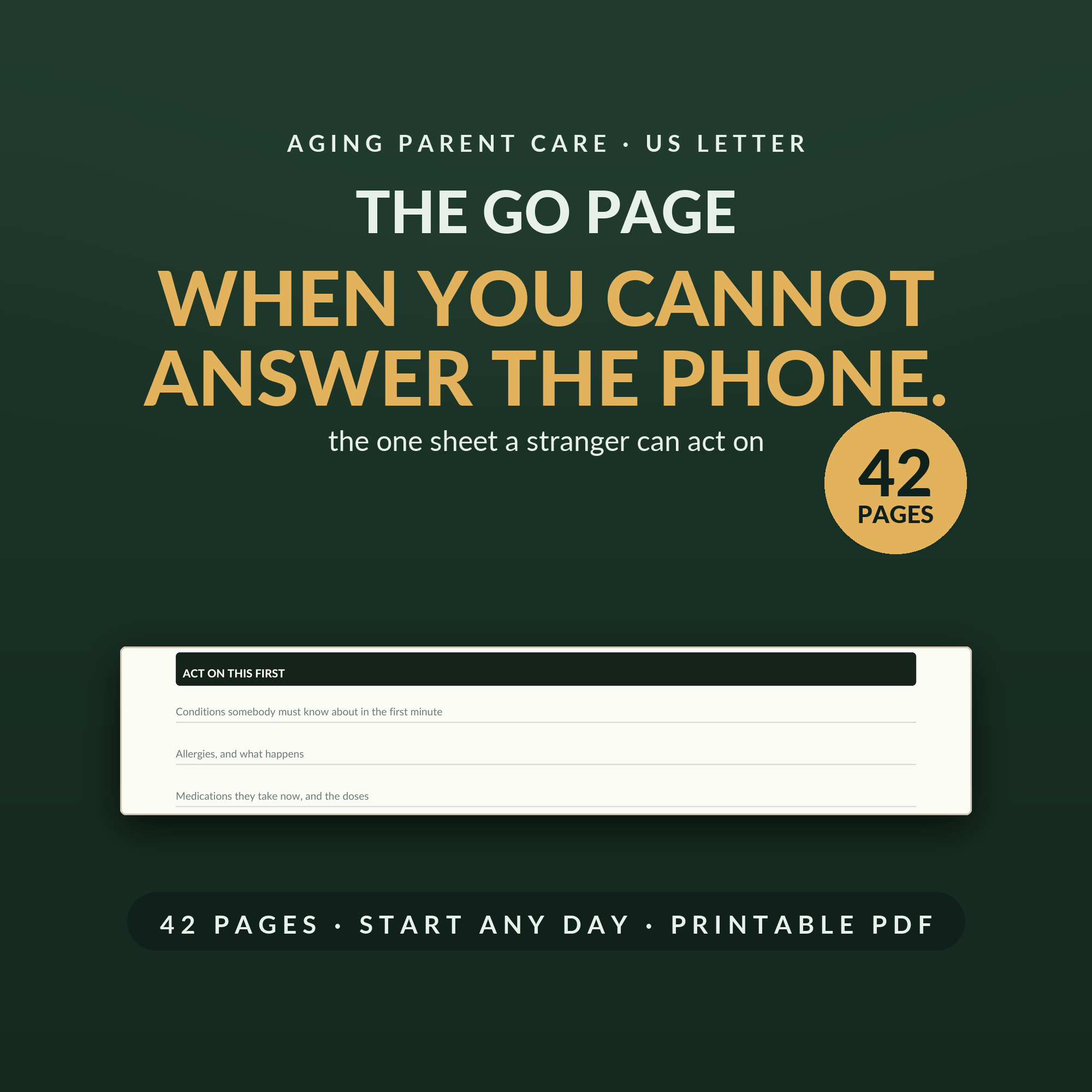 The aging parent care book open on the go page, on a deep moss ground