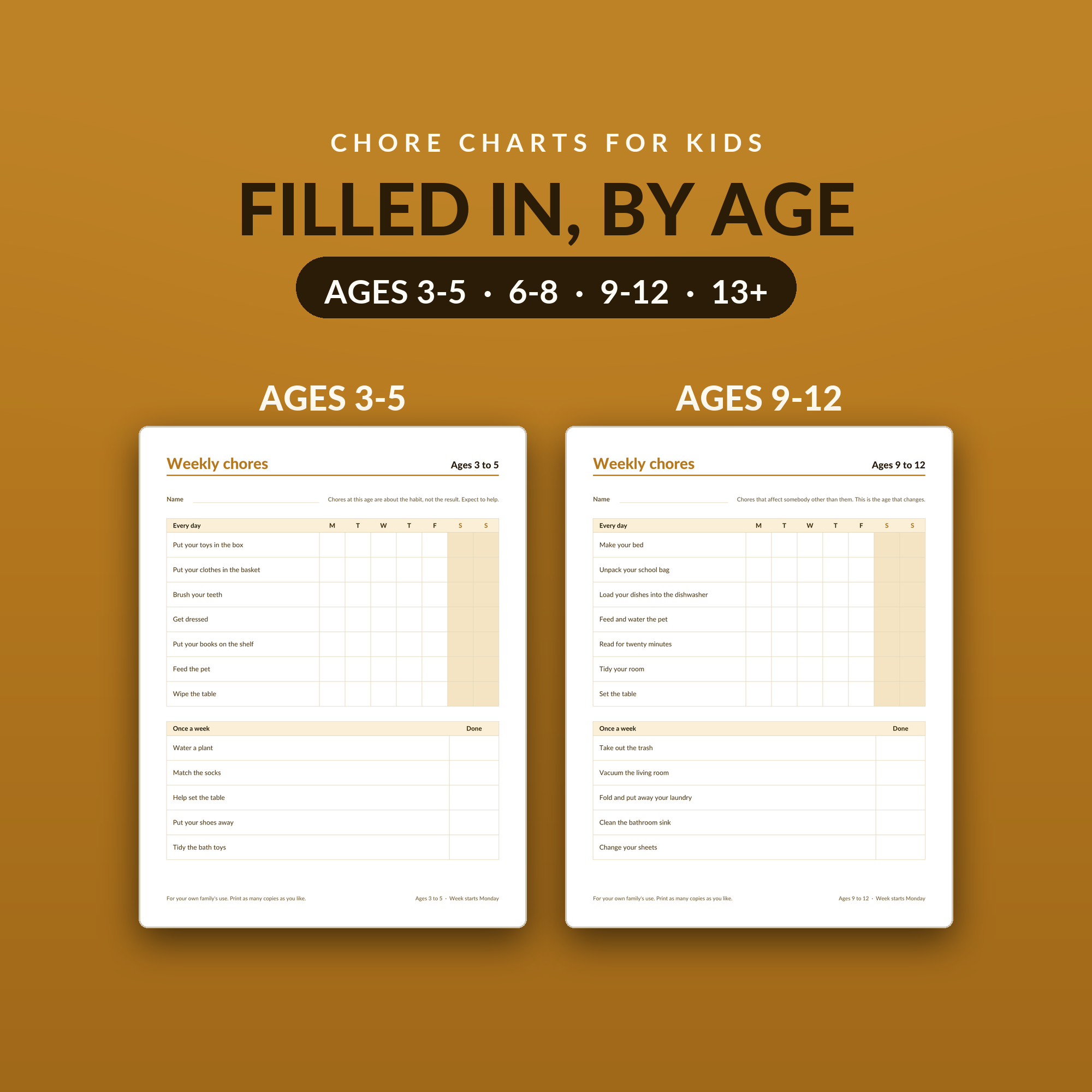 Two chore charts side by side, ages 3 to 5 and 9 to 12, on a marigold ground