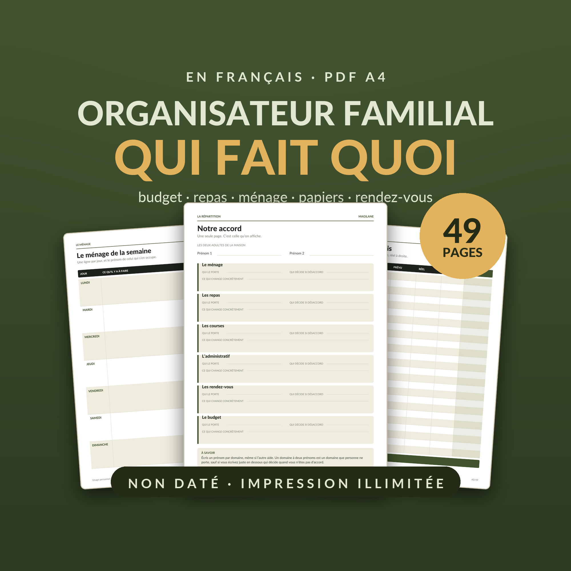 The household organiser open on the who does what sheet, on an olive ground