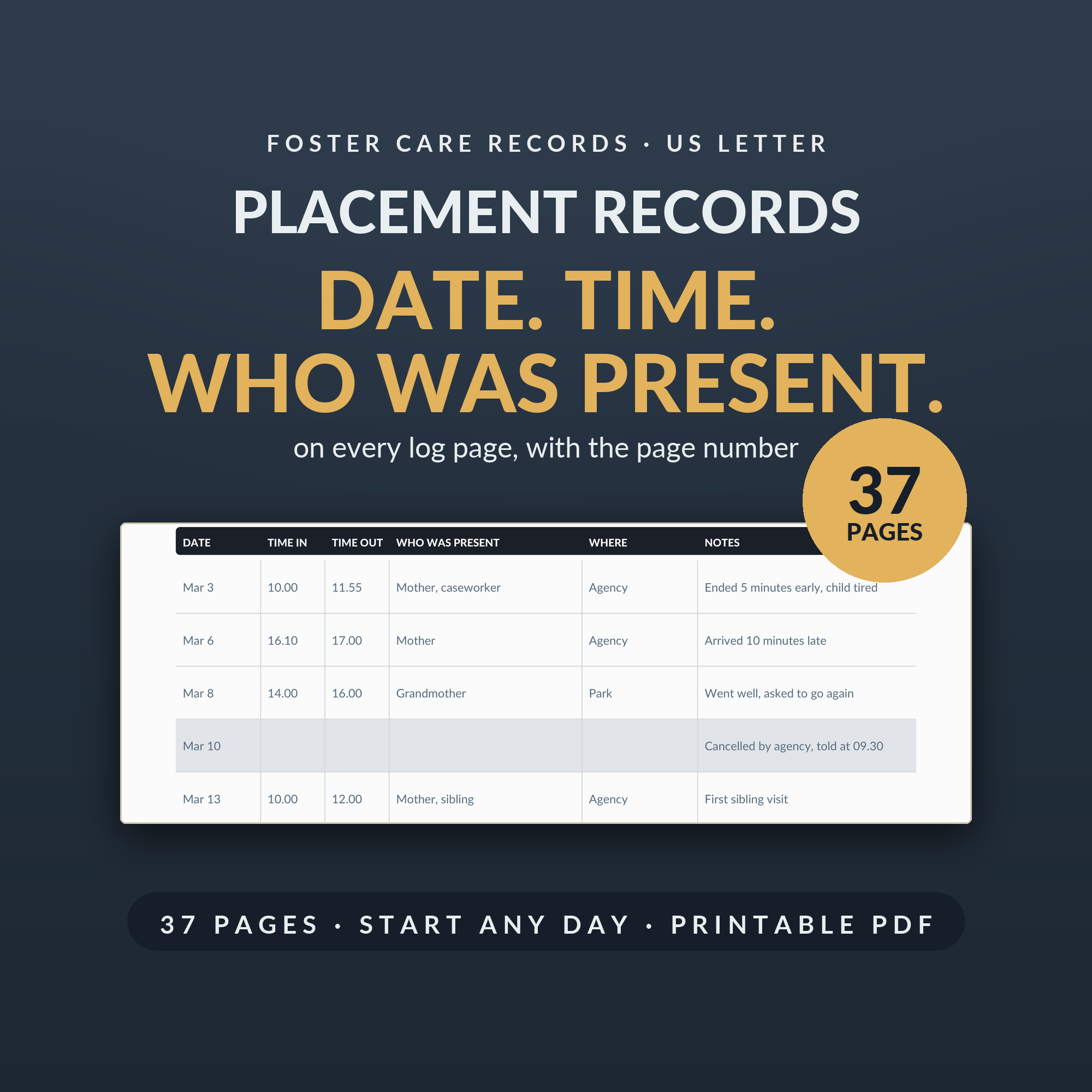 The foster care records book open on a visit log, on a slate ground