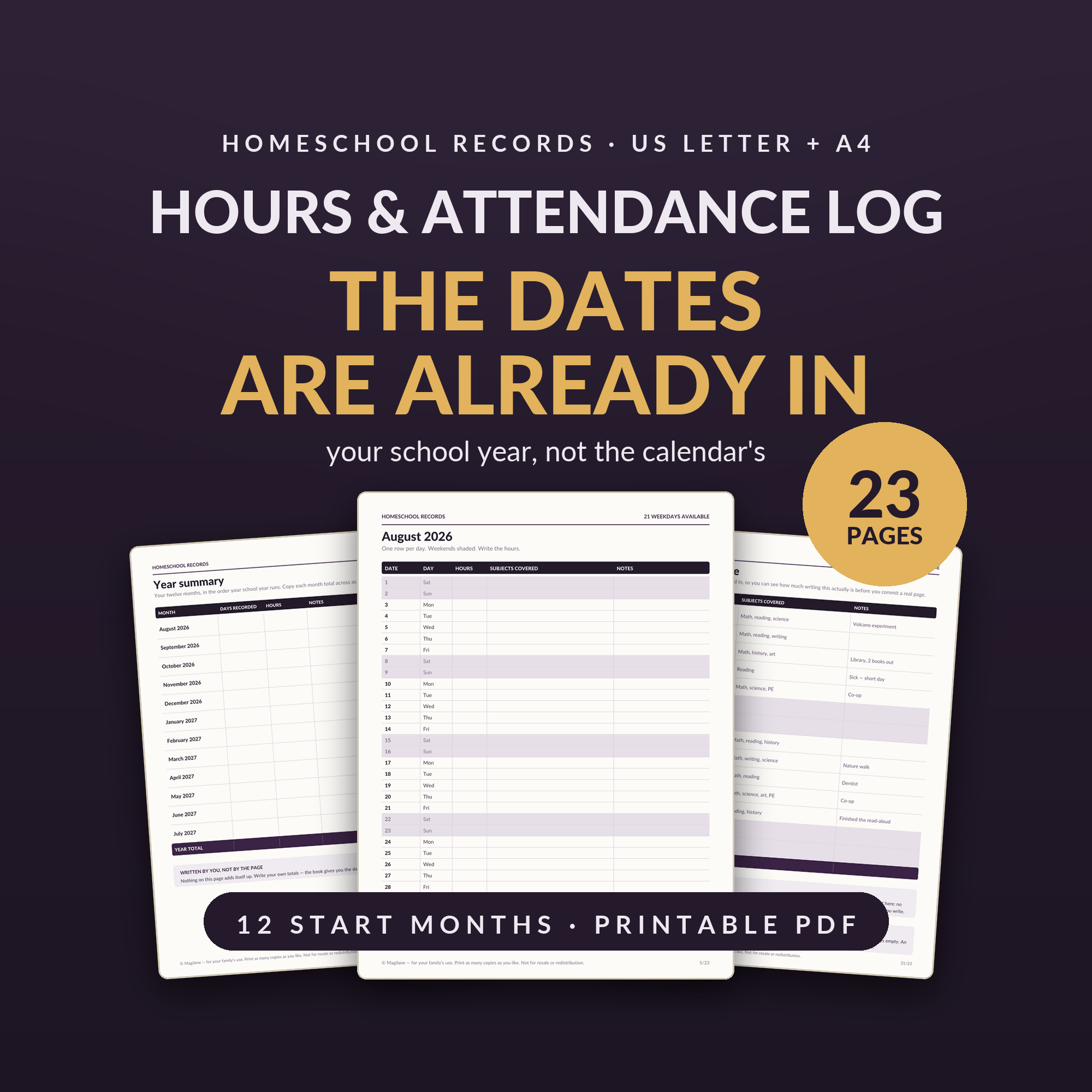The homeschool hours log open on a dated month sheet, on a plum ground