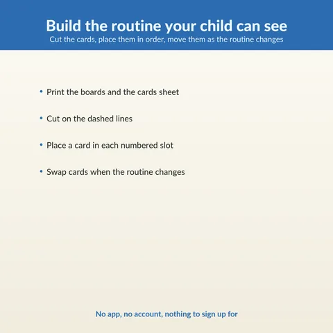 Build the routine your child can see. Cut the cards, place them in order, move them as the routine changes