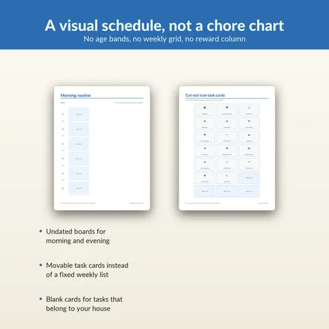 A visual schedule, not a chore chart. No age bands, no weekly grid, no reward column